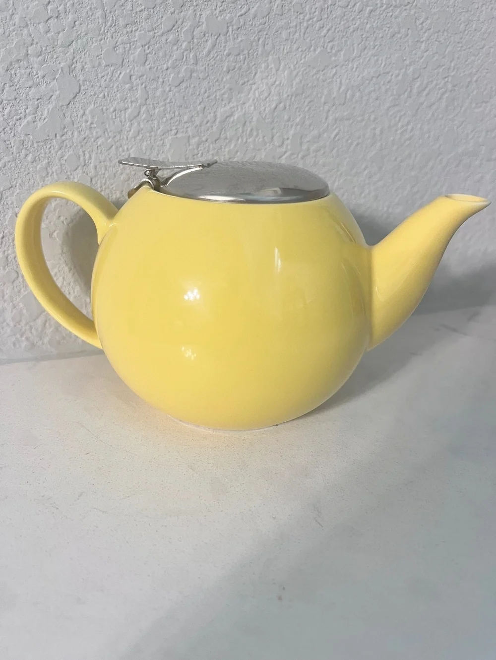 Yellow Ceramic Teapot w/ Stainless Lid, Teapot Trivet, Heart Tea Infuser SET